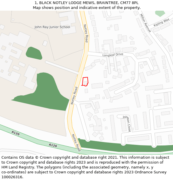 1, BLACK NOTLEY LODGE MEWS, BRAINTREE, CM77 8PL: Location map and indicative extent of plot