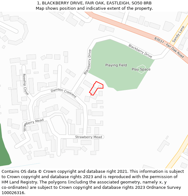 1, BLACKBERRY DRIVE, FAIR OAK, EASTLEIGH, SO50 8RB: Location map and indicative extent of plot