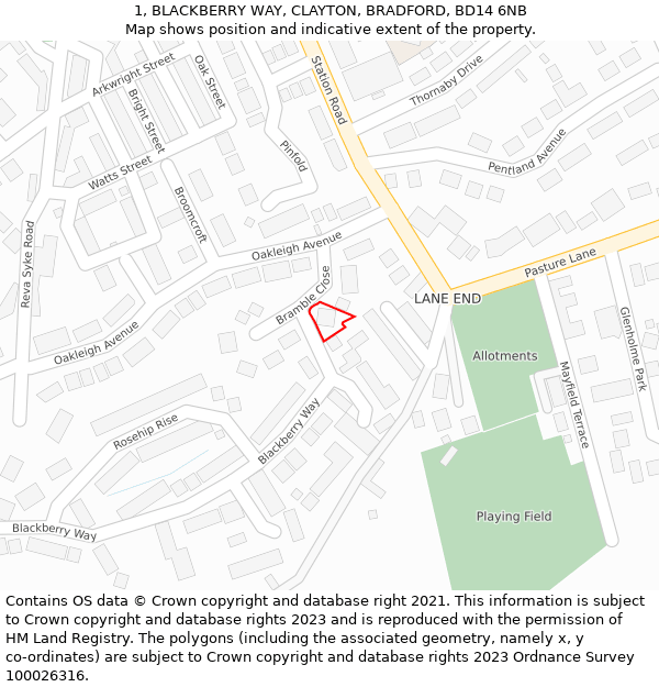 1, BLACKBERRY WAY, CLAYTON, BRADFORD, BD14 6NB: Location map and indicative extent of plot