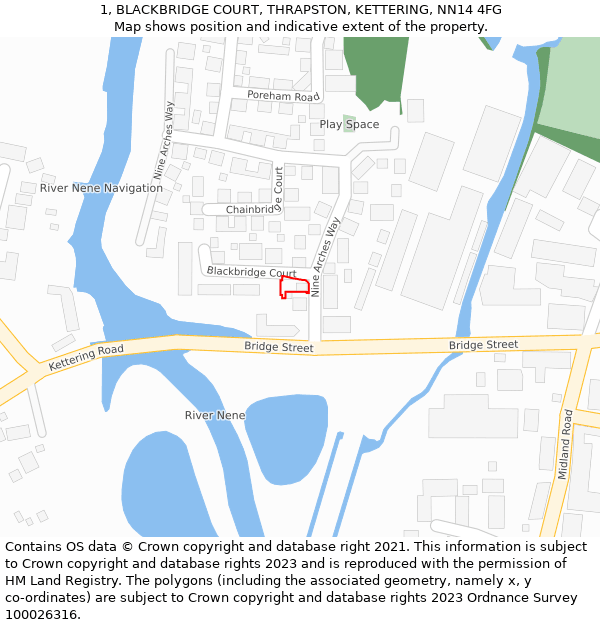1, BLACKBRIDGE COURT, THRAPSTON, KETTERING, NN14 4FG: Location map and indicative extent of plot