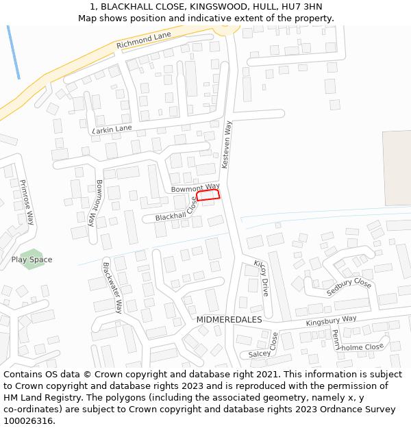 1, BLACKHALL CLOSE, KINGSWOOD, HULL, HU7 3HN: Location map and indicative extent of plot