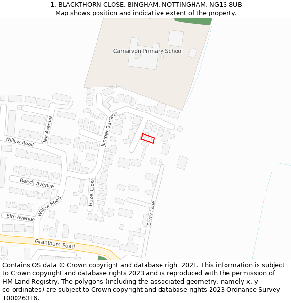 1, BLACKTHORN CLOSE, BINGHAM, NOTTINGHAM, NG13 8UB: Location map and indicative extent of plot