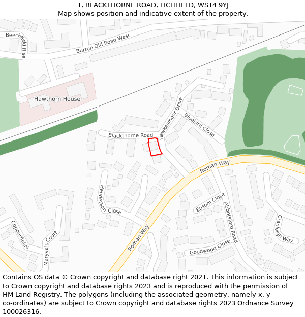 1, BLACKTHORNE ROAD, LICHFIELD, WS14 9YJ: Location map and indicative extent of plot