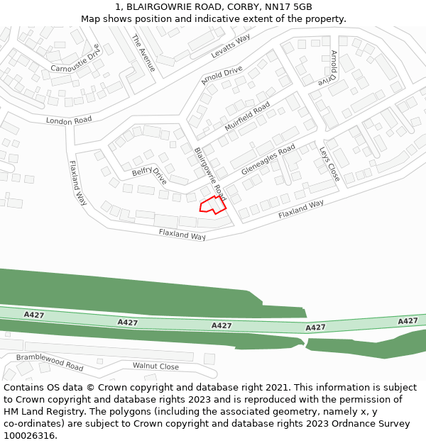 1, BLAIRGOWRIE ROAD, CORBY, NN17 5GB: Location map and indicative extent of plot