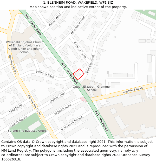 1, BLENHEIM ROAD, WAKEFIELD, WF1 3JZ: Location map and indicative extent of plot