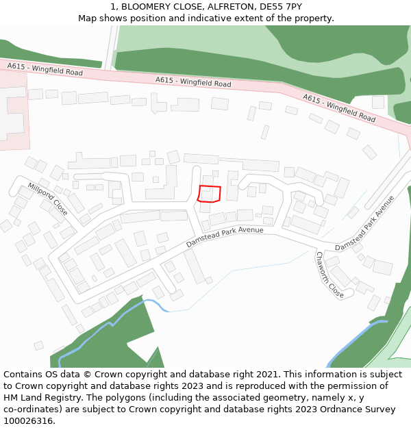 1, BLOOMERY CLOSE, ALFRETON, DE55 7PY: Location map and indicative extent of plot