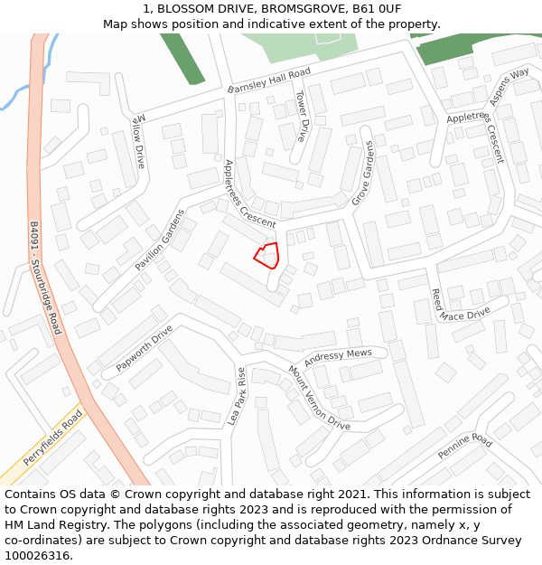 1, BLOSSOM DRIVE, BROMSGROVE, B61 0UF: Location map and indicative extent of plot
