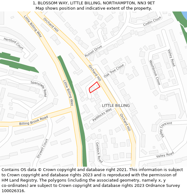 1, BLOSSOM WAY, LITTLE BILLING, NORTHAMPTON, NN3 9ET: Location map and indicative extent of plot
