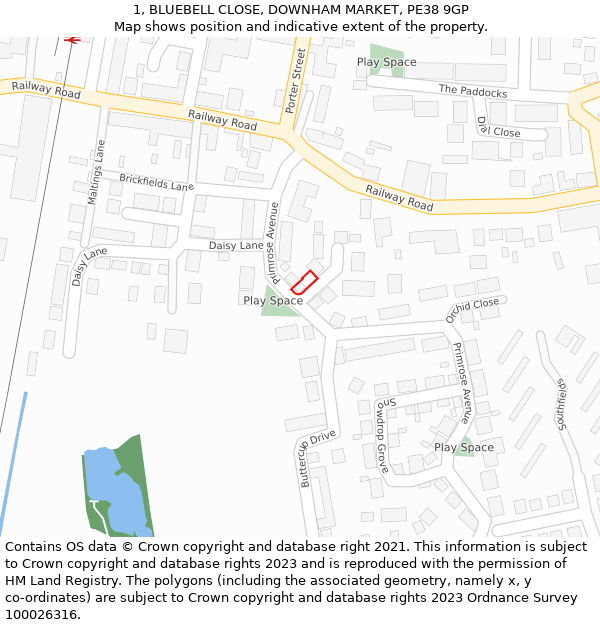 1, BLUEBELL CLOSE, DOWNHAM MARKET, PE38 9GP: Location map and indicative extent of plot
