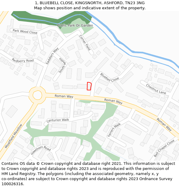 1, BLUEBELL CLOSE, KINGSNORTH, ASHFORD, TN23 3NG: Location map and indicative extent of plot