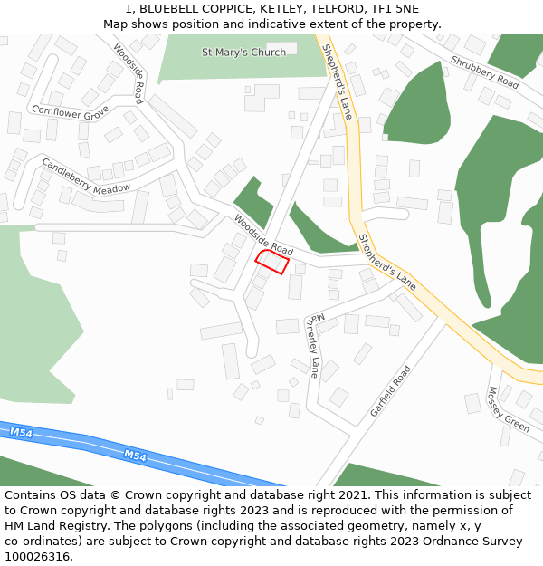 1, BLUEBELL COPPICE, KETLEY, TELFORD, TF1 5NE: Location map and indicative extent of plot