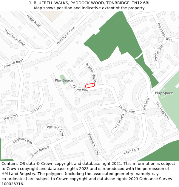 1, BLUEBELL WALKS, PADDOCK WOOD, TONBRIDGE, TN12 6BL: Location map and indicative extent of plot