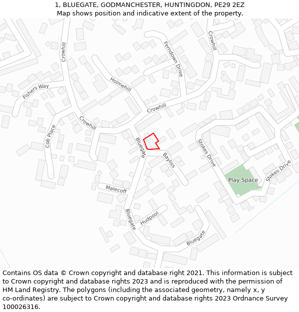 1, BLUEGATE, GODMANCHESTER, HUNTINGDON, PE29 2EZ: Location map and indicative extent of plot