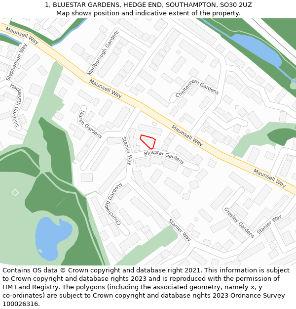 1, BLUESTAR GARDENS, HEDGE END, SOUTHAMPTON, SO30 2UZ: Location map and indicative extent of plot