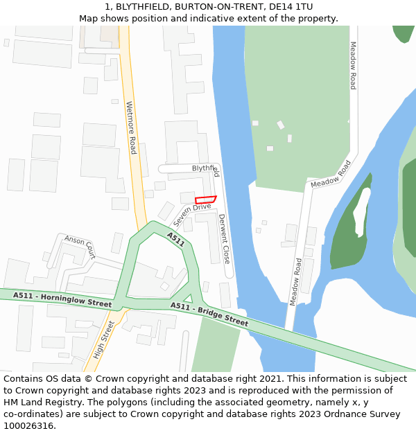 1, BLYTHFIELD, BURTON-ON-TRENT, DE14 1TU: Location map and indicative extent of plot