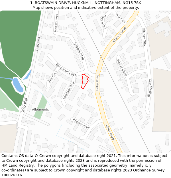 1, BOATSWAIN DRIVE, HUCKNALL, NOTTINGHAM, NG15 7SX: Location map and indicative extent of plot