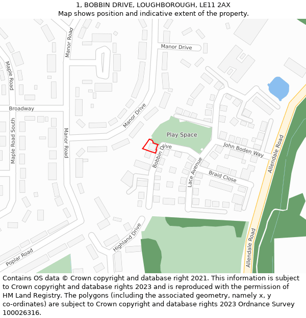 1, BOBBIN DRIVE, LOUGHBOROUGH, LE11 2AX: Location map and indicative extent of plot