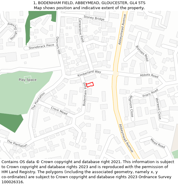 1, BODENHAM FIELD, ABBEYMEAD, GLOUCESTER, GL4 5TS: Location map and indicative extent of plot