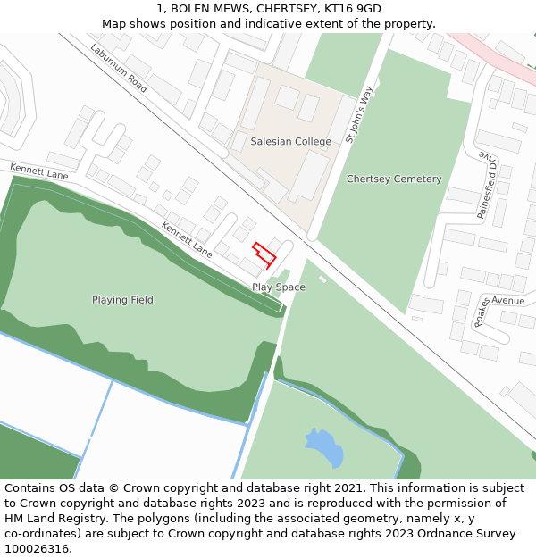 1, BOLEN MEWS, CHERTSEY, KT16 9GD: Location map and indicative extent of plot
