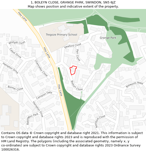 1, BOLEYN CLOSE, GRANGE PARK, SWINDON, SN5 6JZ: Location map and indicative extent of plot