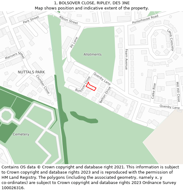 1, BOLSOVER CLOSE, RIPLEY, DE5 3NE: Location map and indicative extent of plot