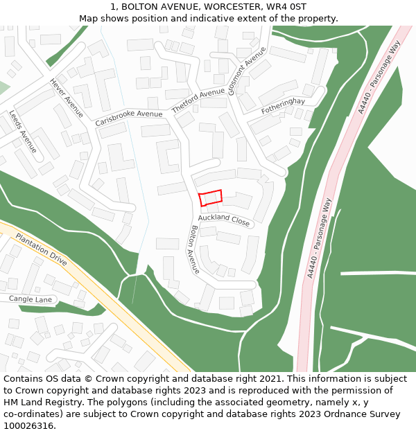 1, BOLTON AVENUE, WORCESTER, WR4 0ST: Location map and indicative extent of plot