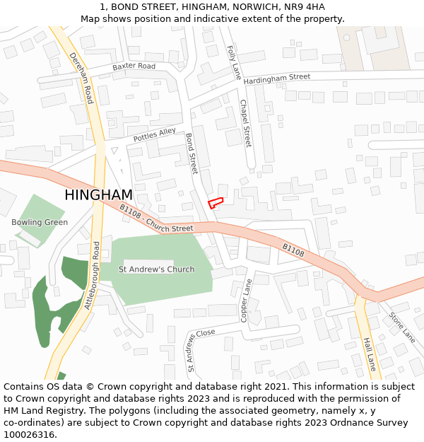 1, BOND STREET, HINGHAM, NORWICH, NR9 4HA: Location map and indicative extent of plot