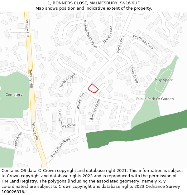 1, BONNERS CLOSE, MALMESBURY, SN16 9UF: Location map and indicative extent of plot