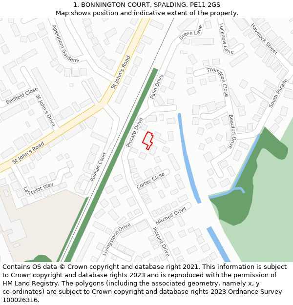 1, BONNINGTON COURT, SPALDING, PE11 2GS: Location map and indicative extent of plot