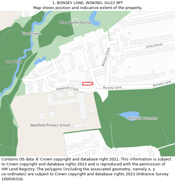 1, BONSEY LANE, WOKING, GU22 9PT: Location map and indicative extent of plot