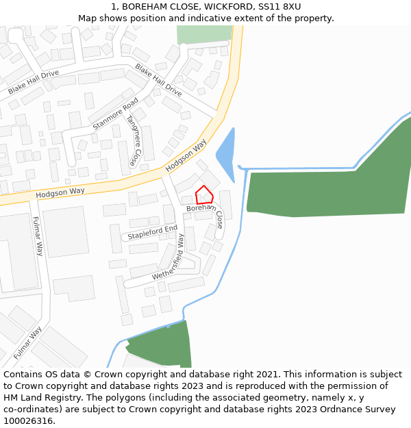 1, BOREHAM CLOSE, WICKFORD, SS11 8XU: Location map and indicative extent of plot