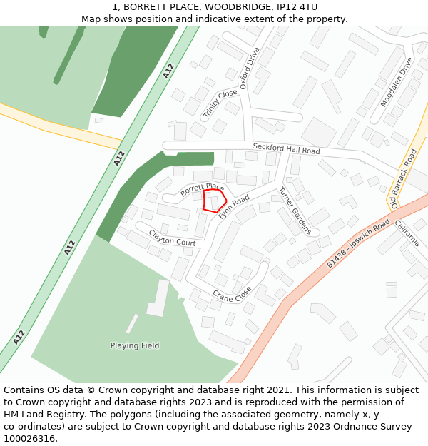 1, BORRETT PLACE, WOODBRIDGE, IP12 4TU: Location map and indicative extent of plot