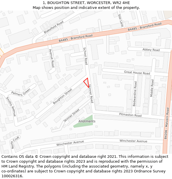 1, BOUGHTON STREET, WORCESTER, WR2 4HE: Location map and indicative extent of plot