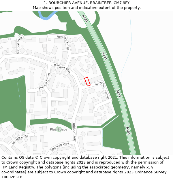 1, BOURCHIER AVENUE, BRAINTREE, CM7 9FY: Location map and indicative extent of plot