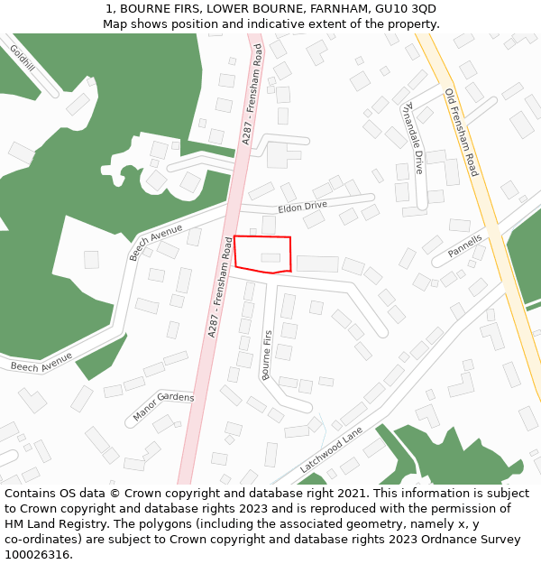 1, BOURNE FIRS, LOWER BOURNE, FARNHAM, GU10 3QD: Location map and indicative extent of plot