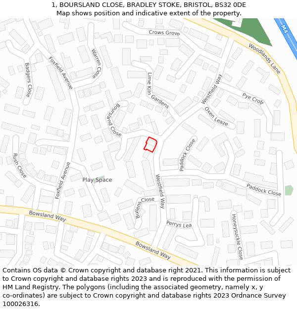 1, BOURSLAND CLOSE, BRADLEY STOKE, BRISTOL, BS32 0DE: Location map and indicative extent of plot