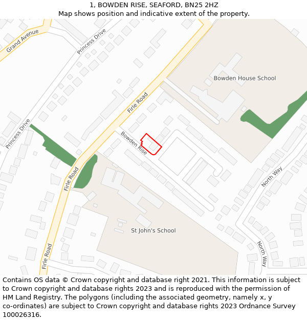 1, BOWDEN RISE, SEAFORD, BN25 2HZ: Location map and indicative extent of plot