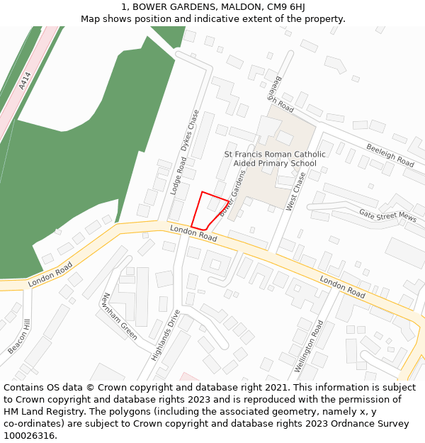 1, BOWER GARDENS, MALDON, CM9 6HJ: Location map and indicative extent of plot