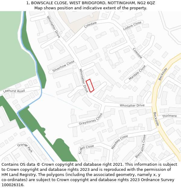 1, BOWSCALE CLOSE, WEST BRIDGFORD, NOTTINGHAM, NG2 6QZ: Location map and indicative extent of plot