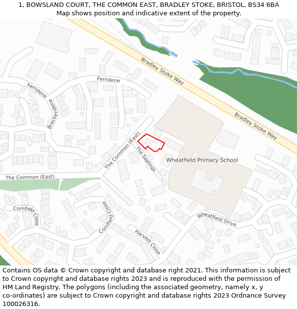 1, BOWSLAND COURT, THE COMMON EAST, BRADLEY STOKE, BRISTOL, BS34 6BA: Location map and indicative extent of plot