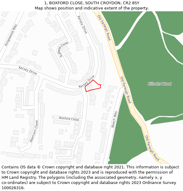 1, BOXFORD CLOSE, SOUTH CROYDON, CR2 8SY: Location map and indicative extent of plot
