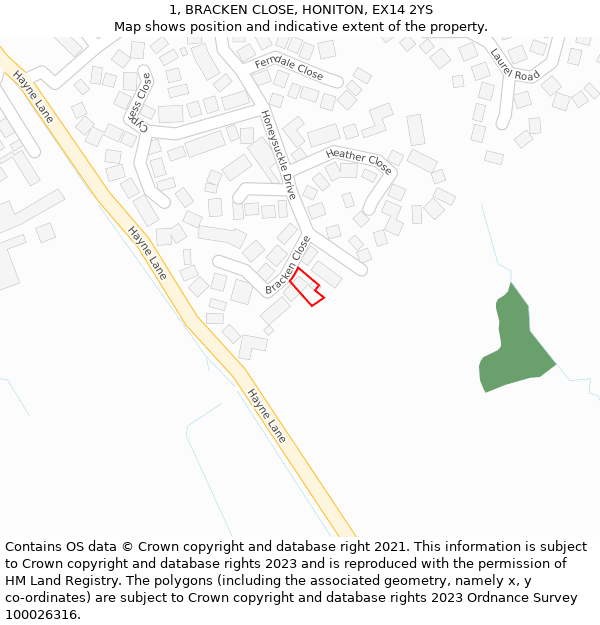 1, BRACKEN CLOSE, HONITON, EX14 2YS: Location map and indicative extent of plot