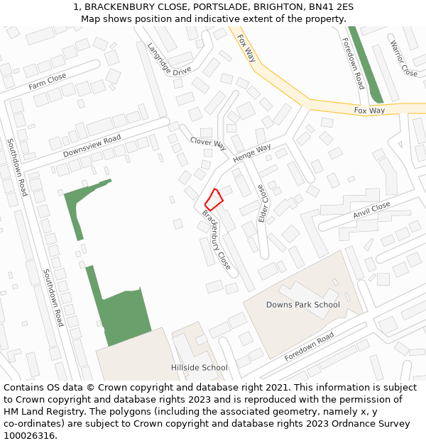 1, BRACKENBURY CLOSE, PORTSLADE, BRIGHTON, BN41 2ES: Location map and indicative extent of plot