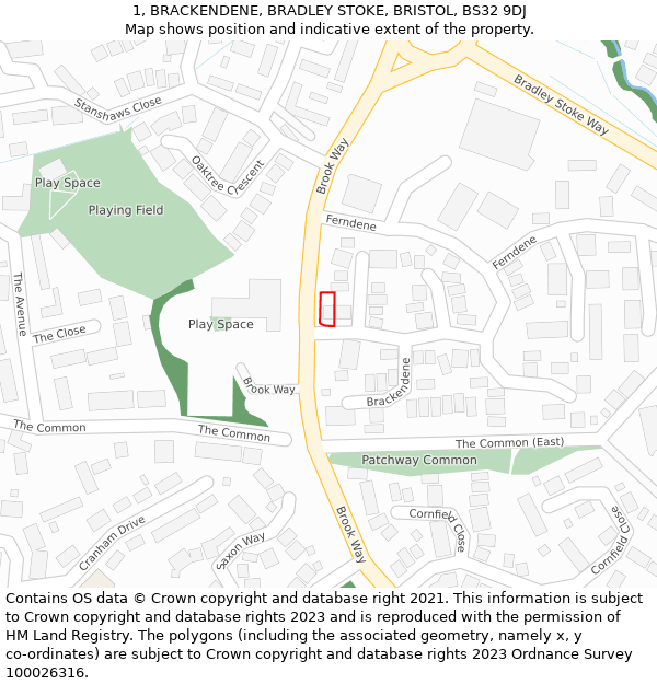 1, BRACKENDENE, BRADLEY STOKE, BRISTOL, BS32 9DJ: Location map and indicative extent of plot