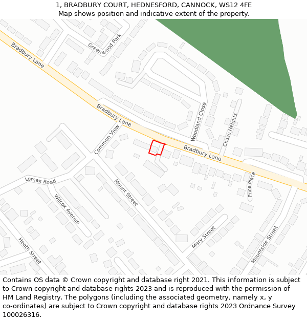 1, BRADBURY COURT, HEDNESFORD, CANNOCK, WS12 4FE: Location map and indicative extent of plot