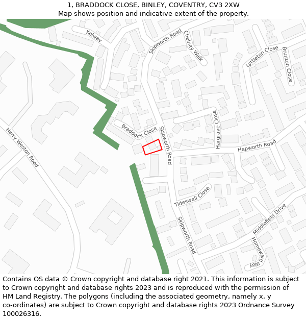 1, BRADDOCK CLOSE, BINLEY, COVENTRY, CV3 2XW: Location map and indicative extent of plot