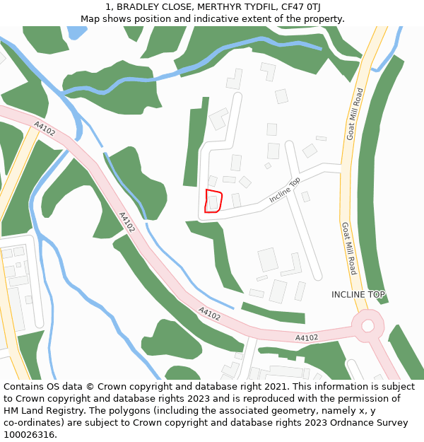 1, BRADLEY CLOSE, MERTHYR TYDFIL, CF47 0TJ: Location map and indicative extent of plot