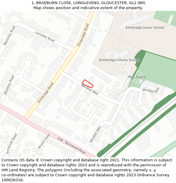 1, BRAEBURN CLOSE, LONGLEVENS, GLOUCESTER, GL2 0NS: Location map and indicative extent of plot