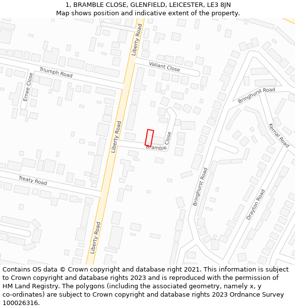 1, BRAMBLE CLOSE, GLENFIELD, LEICESTER, LE3 8JN: Location map and indicative extent of plot