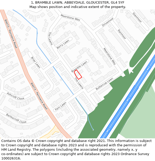 1, BRAMBLE LAWN, ABBEYDALE, GLOUCESTER, GL4 5YF: Location map and indicative extent of plot